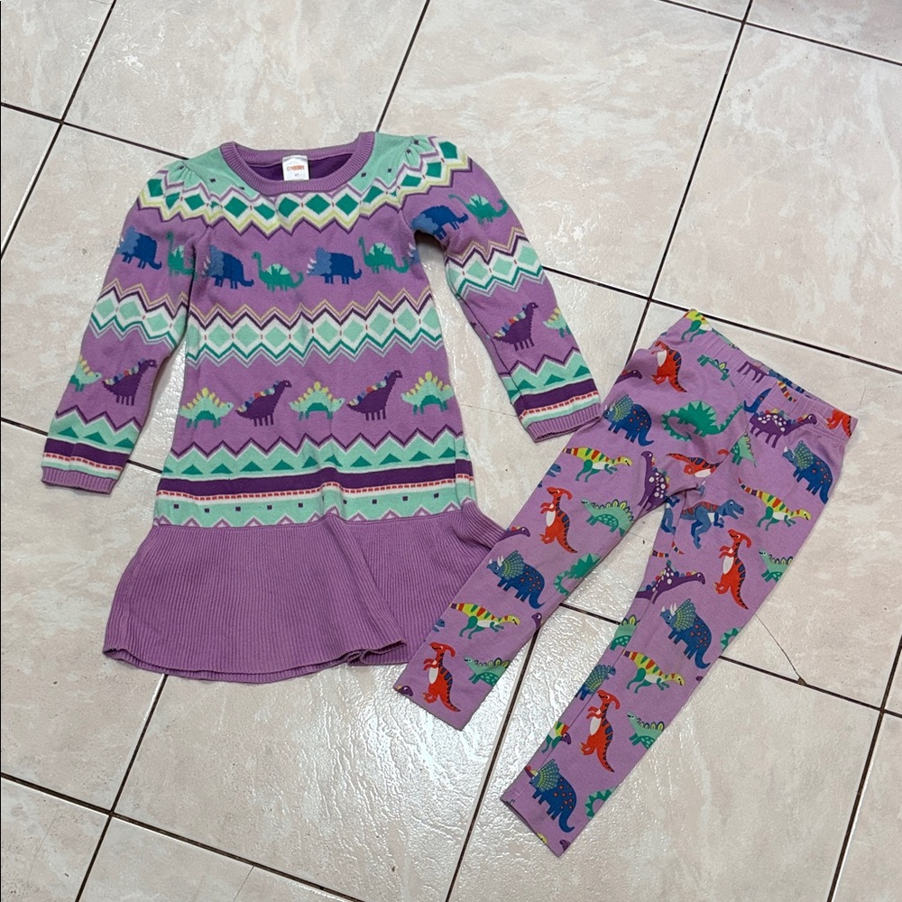 Kids Purple Dinosaur dress and leggings